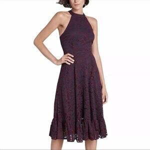 MOD CLOTH A Night Like This Blue and Red Lace Ruffle Hem Halter Dress Sz 4